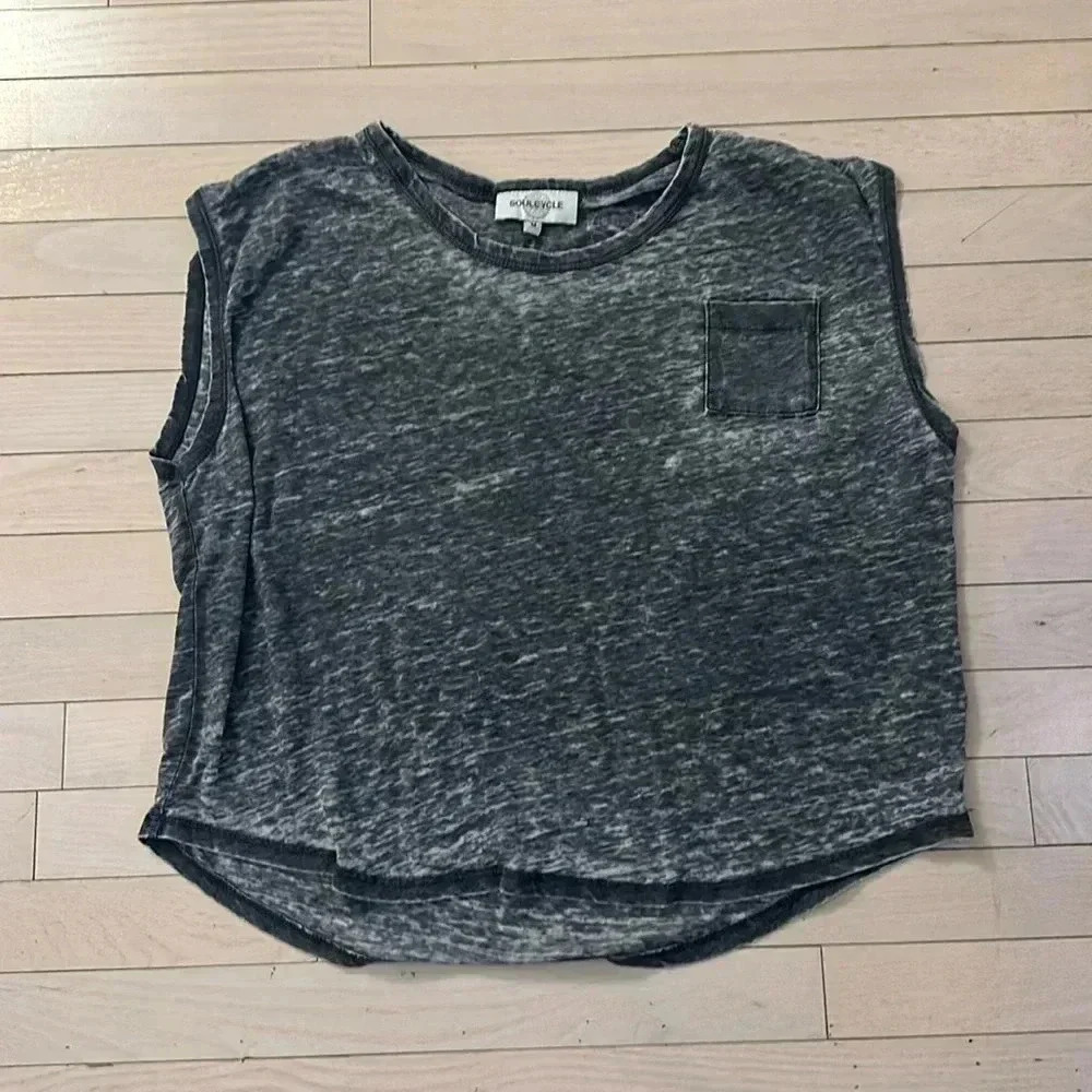 SOULCYCLE grey distressed shirt with pink writing